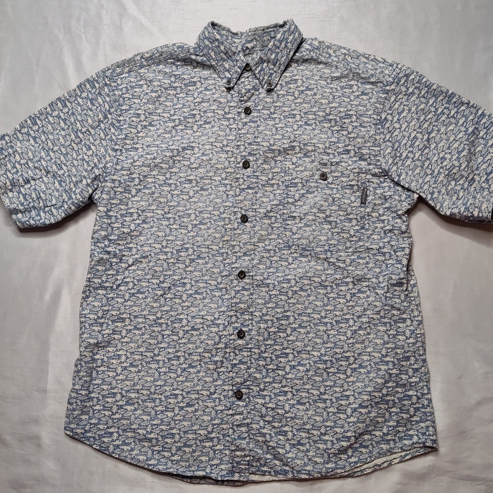 VTG WOOLRICH JEEP x Palm Fronds AOP Men Medium Blue Button Hawaiian Shirt